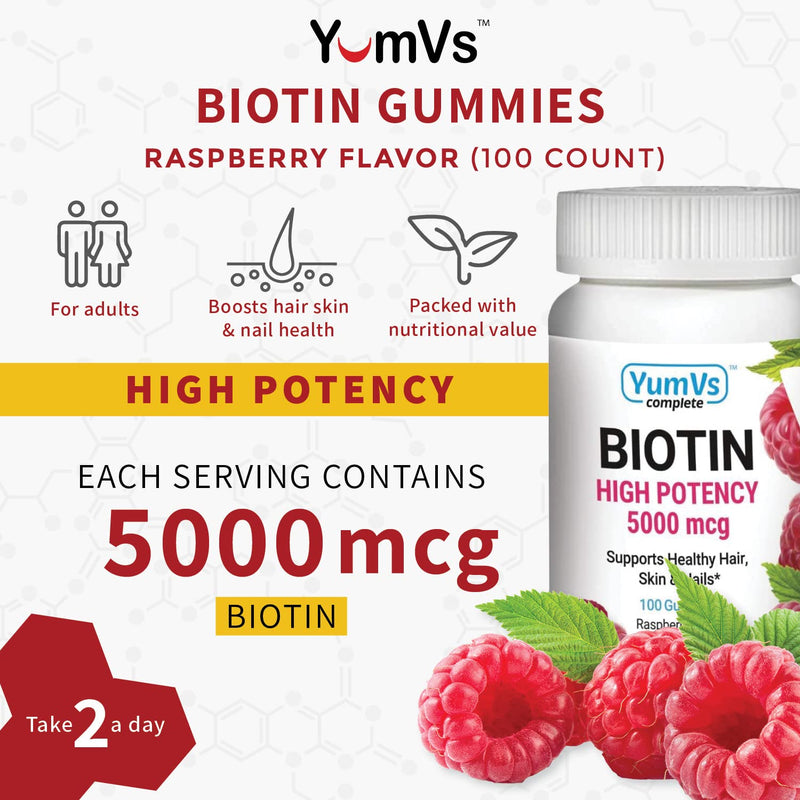 YUM-V's Biotin Gummies – High Potency Biotin Vitamins 5,000 mcg – Natural Raspberry Flavor Hair Vitamins – Kosher Hair Skin and Nails Gummies (100 Count) 1 Count (Pack of 1)