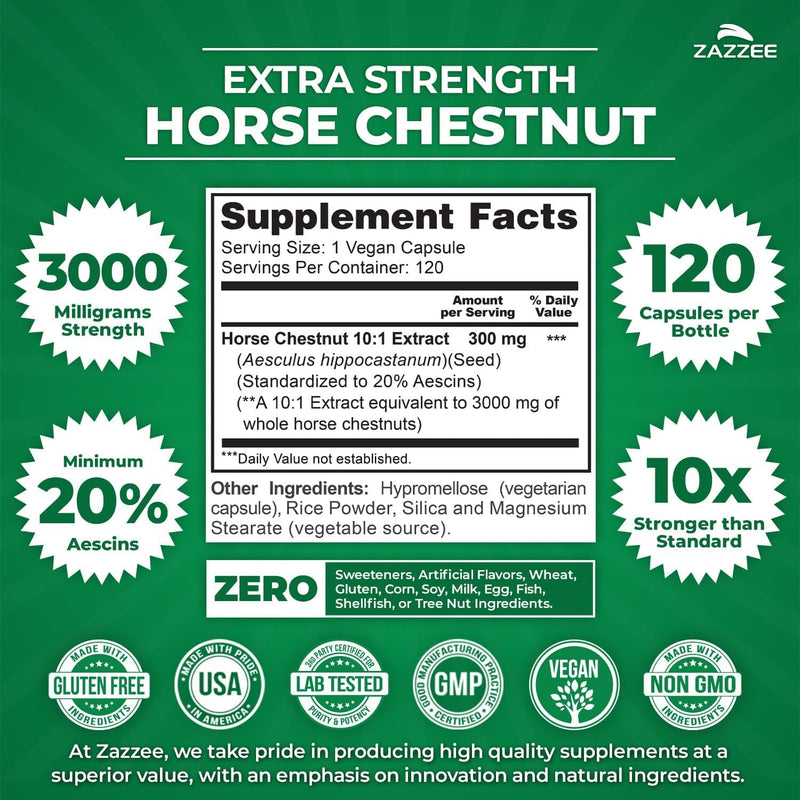 Zazzee Anti Aging Circulatory Support Bundle | Extra Strength Horse Chestnut Supplement with Antioxidant Rich 50:1 Grape Seed Extract Capsules | Non-GMO Vegan & ISO Lab Tested
