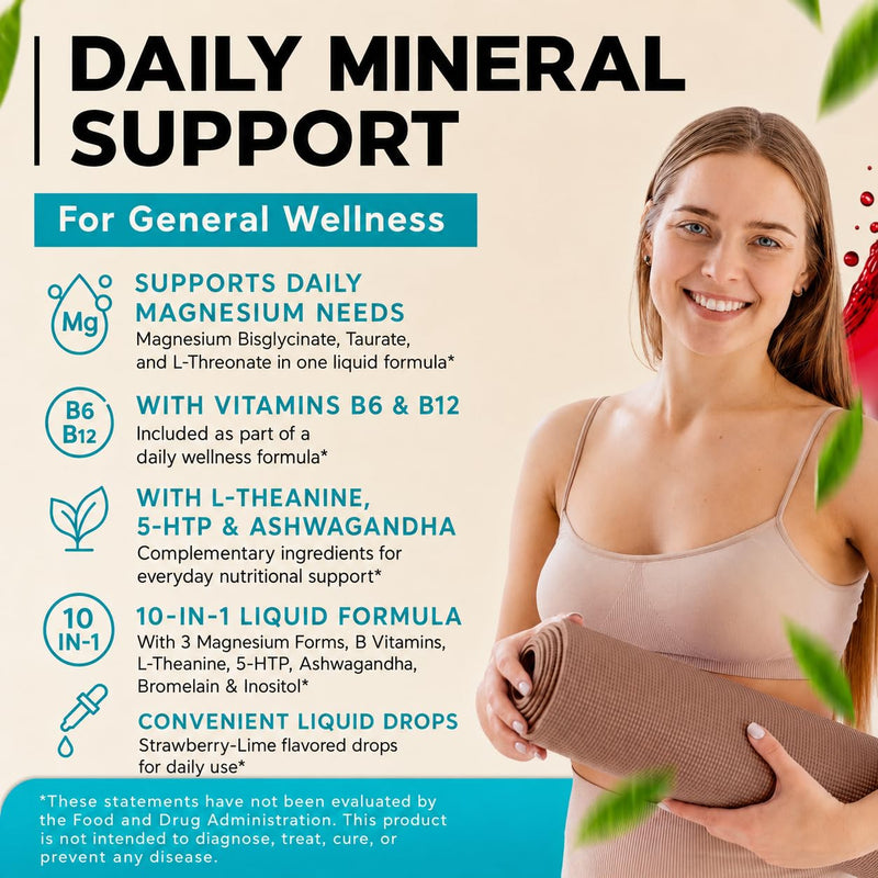 Triple Magnesium Complex Liquid Drops with Ashwagandha, L-Theanine, 5-HTP | Magnesium Glycinate Supplement, L-Threonate & Taurate, Ashwagandha, L-Theanine, 5-HTP, Vitamins B6, B12, Bromelain & Inositol