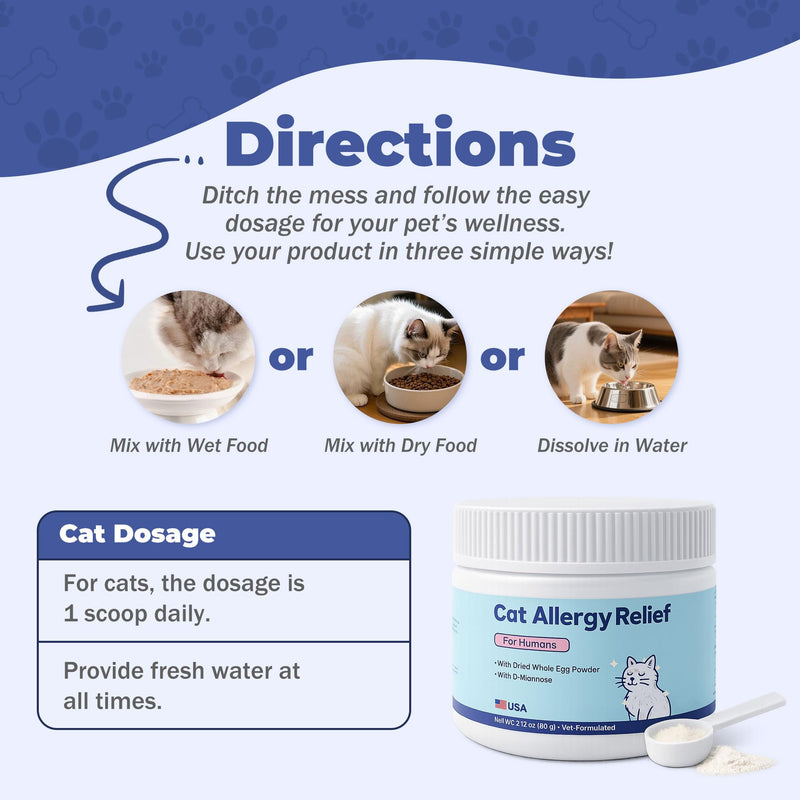 Cat Allergy Relief for Cats - Indoor Cat Allergen Neutralizer - Allergen spray alternatives - Cat Allergy Powder – cat dander remover - IgY Whole Egg Powder + Omega-3 & Quercetin – 2.1 oz Powder