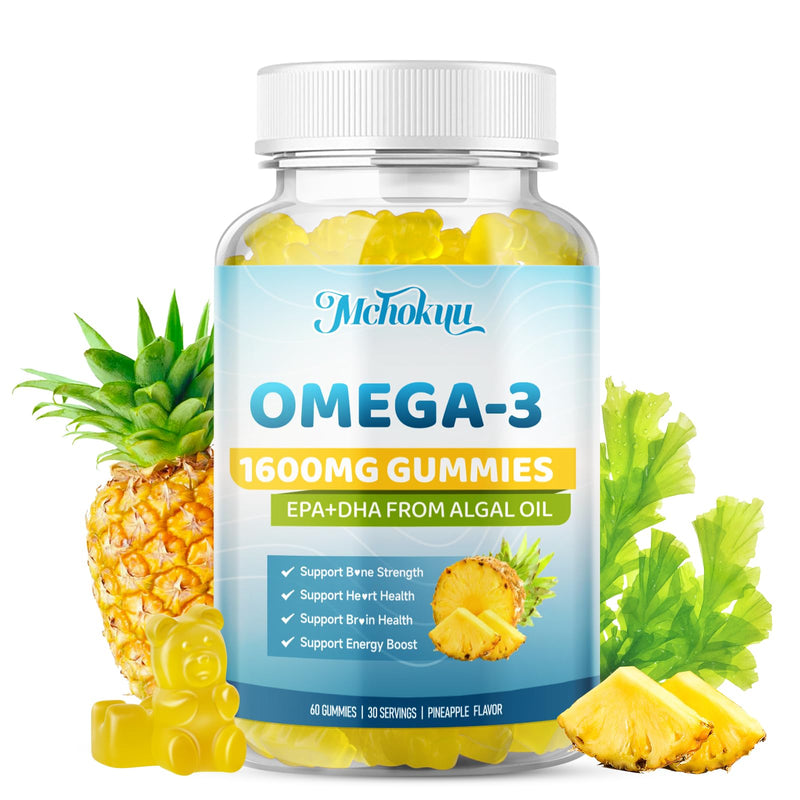Vegan Omega-3 Gummies 1600mg EPA & DHA from Algal Oil, Fish Oil Alternative for Adults & Kids, Omega 3 Supplement with Vitamin D3 K2 for Brain, Eye & Immune Health Sugar Free Pineapple, 120 Count 60 Count (Pack of 2)