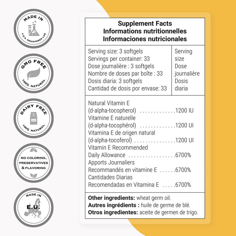 Supersmart Natural E 400 (D-Alpha Tocopherol) 1200IU per Day - High Absorption Vitamin E Supplement | Non-GMO - 100 Softgels