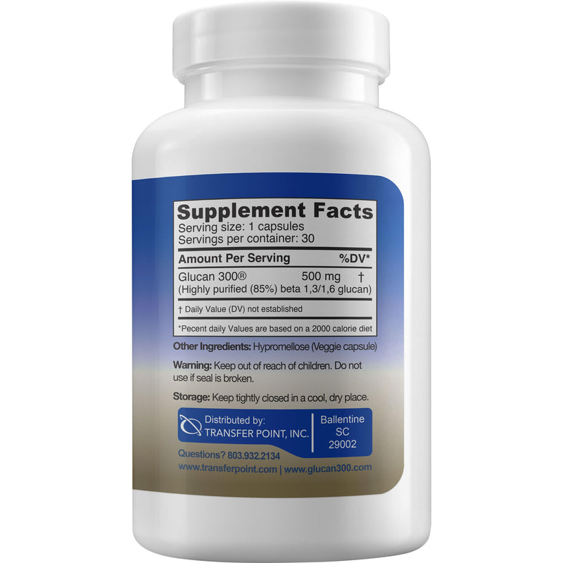 Transfer Point Beta 1,3D Glucan 500 mg, 30 Capsules | Immune support, yeast-derived, 30-day supply, pet-safe, Non-GMO, vegan, highest purity 30 Count (Pack of 1)