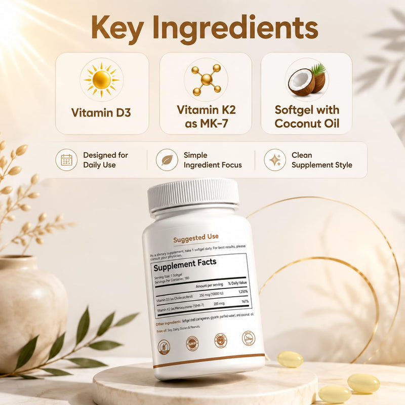 Vitamin D3 10000 IU K2 MK-7 200mcg 2-in-1 Formula | Cold-Pressed Virgin Coconut Oil Softgels, Extra Strength, Easy to Swallow, Gluten Free, 180ct 6 Month Supply