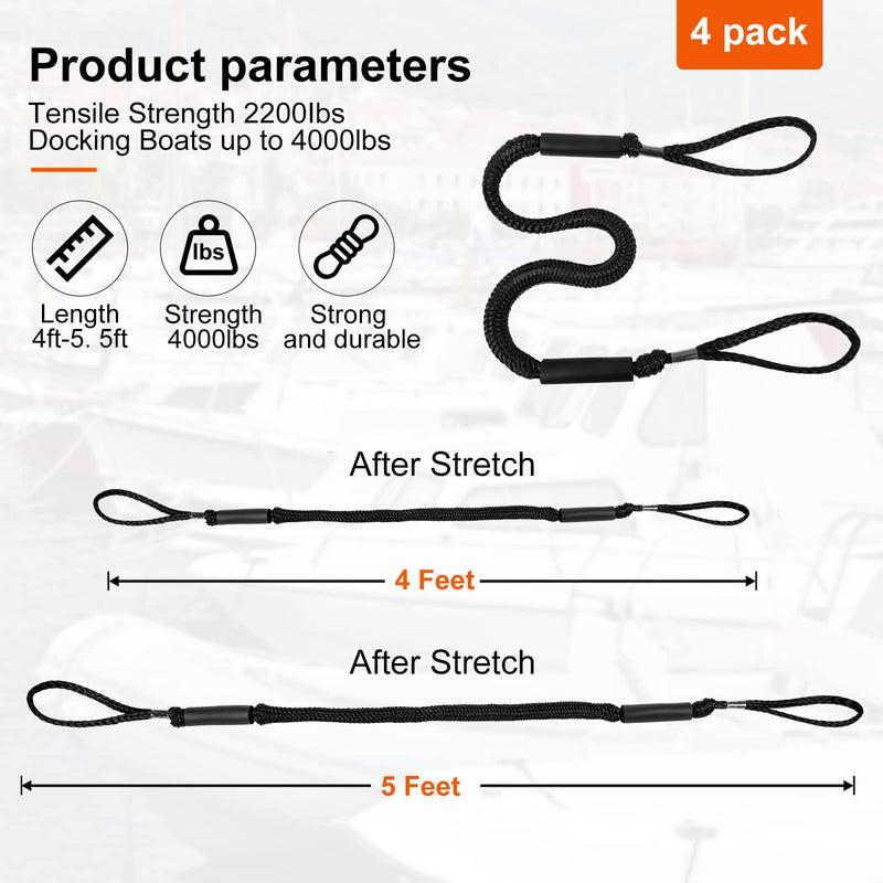 Bungee Dock Lines - Boat Accessories - 4 Feet Shock Cords Docking Rope Mooring Rope for PWC,Jet ski,Pontoon,Kayak,Canoe,Power Boat,Watercraft (Black) Black
