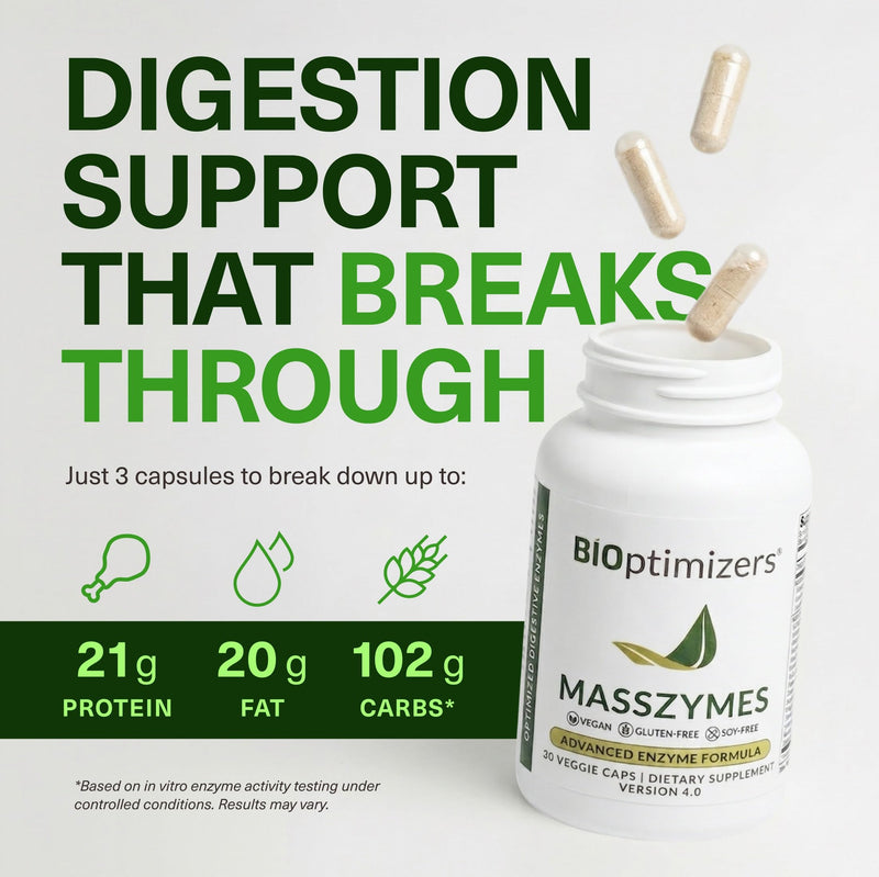 BIOptimizers MassZymes - Complete Digestive Enzymes Supplement for Gut Health - Bloating Relief for Men and Women - Lipase Amylase Bromelain Digestive Enzymes (30 Capsules) 30 Count (Pack of 1)