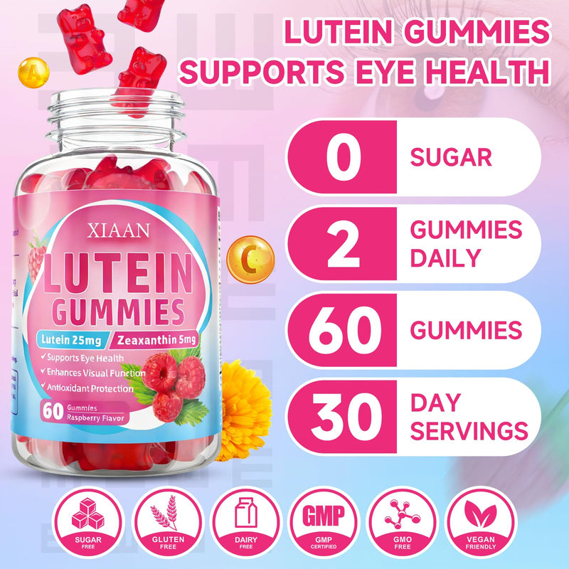 Lutein and Zeaxanthin Supplements, Lutein Gummies with Zeaxanthin,Vitamins A, C, E, Bilberry, Astaxanthin for Vision Health & Eye Strain, Sugar-Free/Vegan, Raspberry Flavor 120 Count 60 Count (Pack of 2)