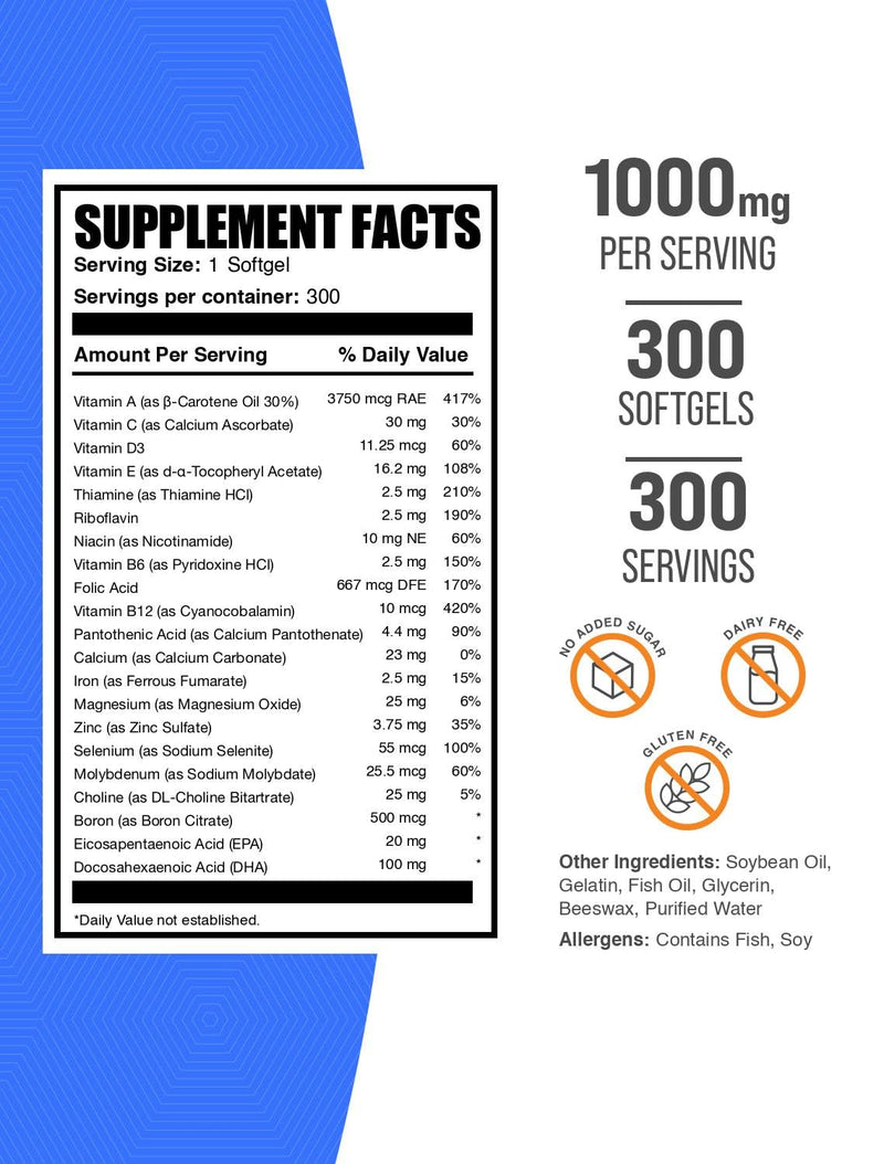 BulkSupplements.com Multivitamin Softgels - Daily Multivitamin Supplement, Multimineral for Men and Women with Fish Oil - Gluten Free, 1 Softgel per Serving (1000mg), 300 Count (Pack of 1) 300 Count (Pack of 1)
