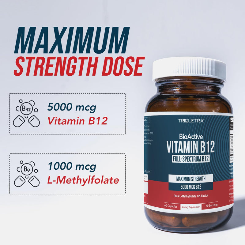 Triquetra Health Vitamin B12 5000mcg Complex, Methylated Methylcobalamin for Women & Men with Hydroxocobalamin, & Adenosylcobalamin, Supports Energy, Metabolism & Mood, Vegan, Non-GMO (60 Servings) 60 Count (Pack of 1)