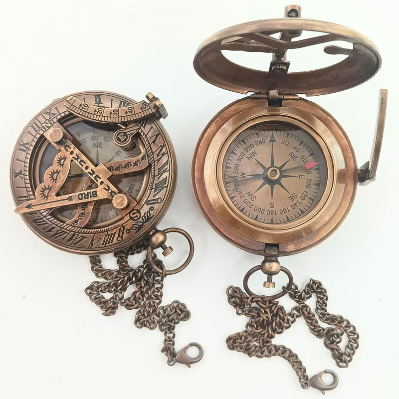 Brass Sundial Compass in Leather Case - Nautical Gifts for Men, Antique Sailing Anniversary Gadget for Him, Unusual Unique Nautical Decor, Naval Maritime Pocket Watch Clock BROWN ANTIQUE COMPASS - BeesActive Australia