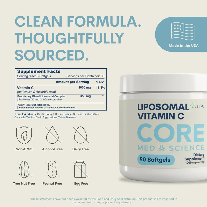 Core Med Science Liposomal Vitamin C 1000mg, 90 Softgels - Non-GMO | Natural Liposomal Vitamin C Supplement that Promotes Healthy Skin - Immune System Booster, Supports Collagen Formation 90 Count (Pack of 1) Softgel