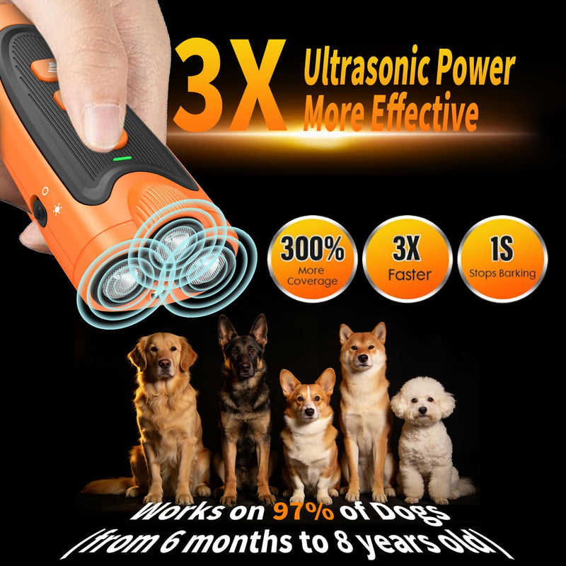 3X Ultrasonic Dog Bark Deterrent, 6 Adjustable Training Modes, Rechargeable Portable Handheld No Bark Device with 23ft Range, Safe Humane Anti Barking Control for Indoor Outdoor Dogs