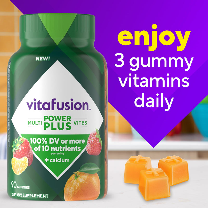 Vitafusion Power Plus Multivitamin for Men and Women | 90 Gummies | with Vitamins A B C D E | plus Calcium | Strawberry Tangerine Flavor | Gluten and Dairy Free Adult Multivites Supplement 90 Count (Pack of 1) Power+ Multivitamins