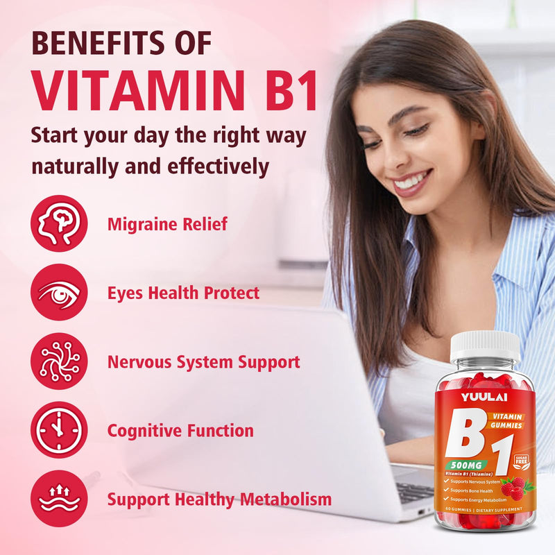 Pack of 2 Vitamin B1 Gummies 500mg for Adults & Kids, Thiamine B1 Supplement with Magnesium, Vitamin B1 Supplement for Nervous System Supports & Boost Energy, Raspberry Flavor, 120 Count 120 Count (Pack of 1)