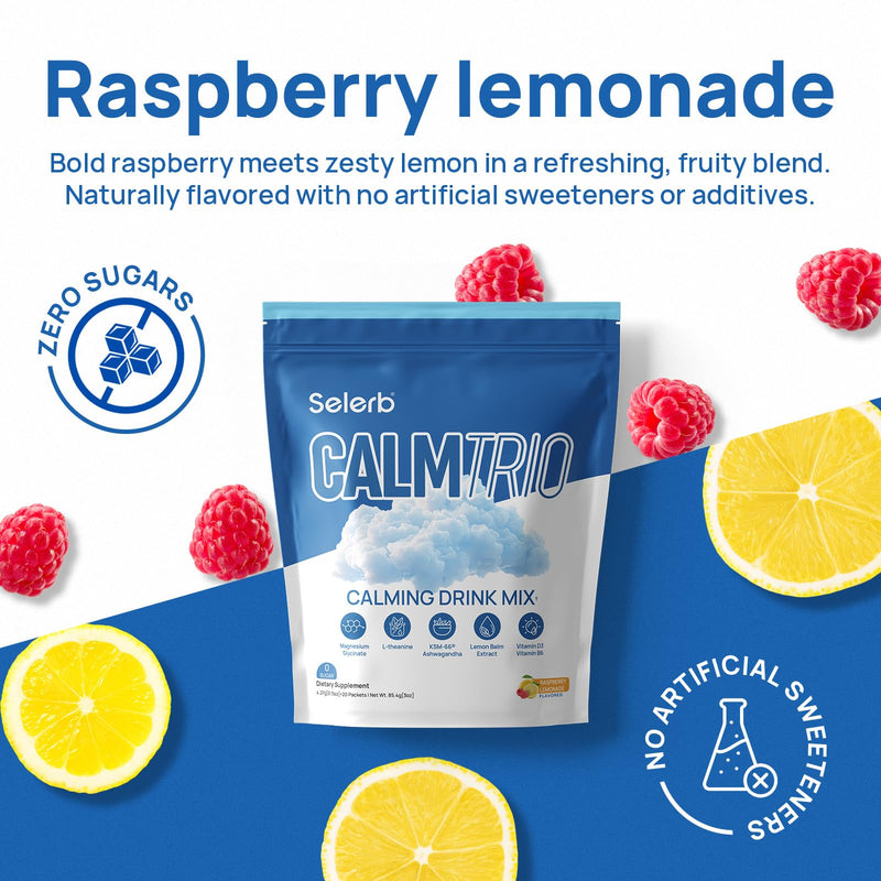 Selerb CalmTrio Magnesium Glycinate Powder Cortisol Drink Mix - No Sugar with L-Theanine, Ksm-66® Ashwagandha, Lemon Balm, Vitamin D3, B6, Supplements for Relax, Focus & Calm, Raspberry Lemon 20 Ct