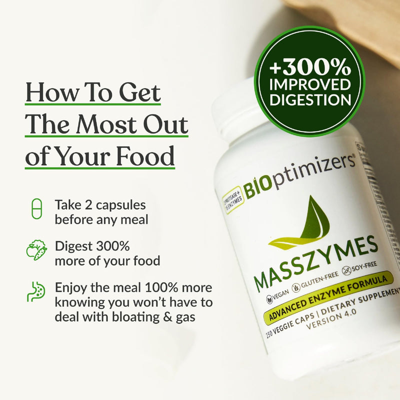 BIOptimizers MassZymes - Complete Digestive Enzymes Supplement for Gut Health - Bloating Relief for Men and Women - Lipase Amylase Bromelain Digestive Enzymes (30 Capsules) 30 Count (Pack of 1)