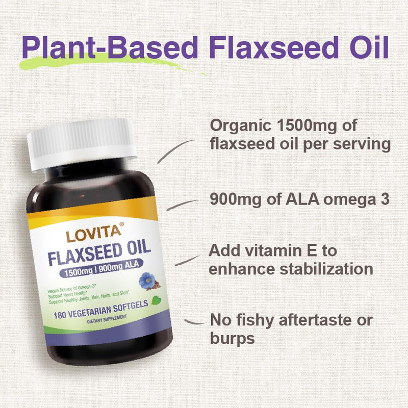Lovita Vegan Flaxseed Oil 1500mg with 900mg ALA Omega-3 6 9, Cold-Pressed Flax Seed Supplement, Support Heart, Brain, Joint & Skin Health, Non-GMO & Gluten Free, 180 Softgels 180 Count (Pack of 1) Standard Packaging