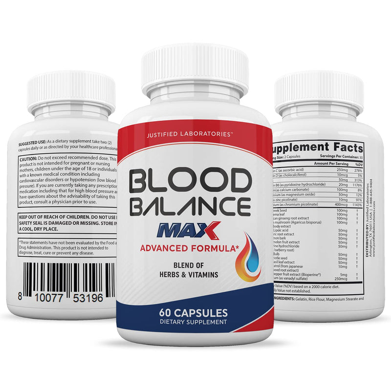 Justified Laboratories Blood Balance Max - 60 Capsules, Pack of 2 - Advanced Circulatory Support Formula with a Blend of Herbs & Vitamins - 60 Servings