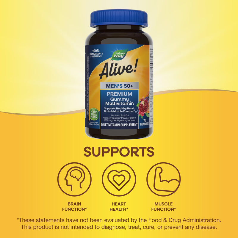 Nature's Way Alive! Men’s 50+ Premium Gummy Multivitamin, Supports Healthy Heart, Brain & Muscle Function*, B-Vitamins, Vegetarian, Grape, Orange and Cherry Flavored, 75 Gummies, (Pack of 2) 75 Count (Pack of 2)