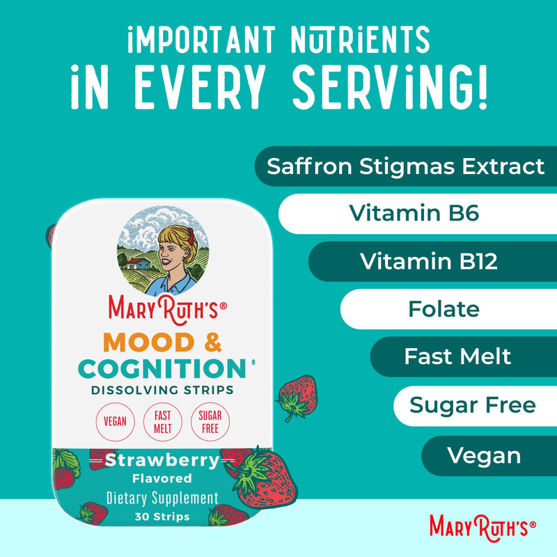 MARYRUTH'S Mood & Cognition Dissolving Strips, Vitamin B12, 30 Count | Vitamin B12, Vitamin B6, Saffron, Folate, Sugar Free