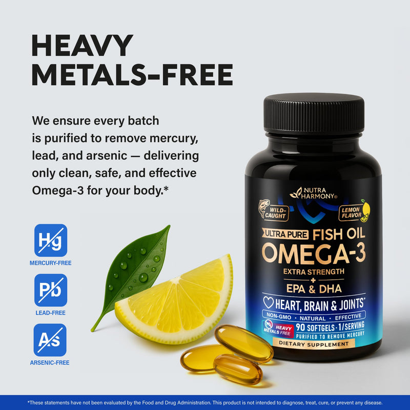 Omega 3 Fish Oil 3600 mg - Omega 3 Supplement | EPA & DHA - Heavy Metals Free - Heart, Brain & Joint Support - Purified Fish Oil for Men & Women - Burpless, Lemon Flavored - Made in USA, 90 Softgels - BeesActive Australia