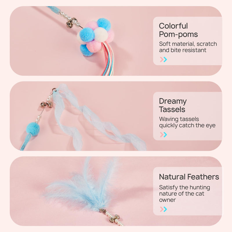 Potaroma Interactive Wand Cat Toys Toy, 5 Pcs Kitten Feather Toys for Indoor Cats to Chase and Exercise, Fun Cat Teaser, Light Blue - BeesActive Australia