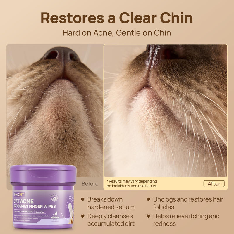 HICC PET Cat Chin Acne Finger Wipes – Gentle Enzyme Complex Care for Feline Acne & Blackheads, Vet Recommended Daily Chin Cleaning Wipes, No-Rinse Natural Formula Unscented 50pcs