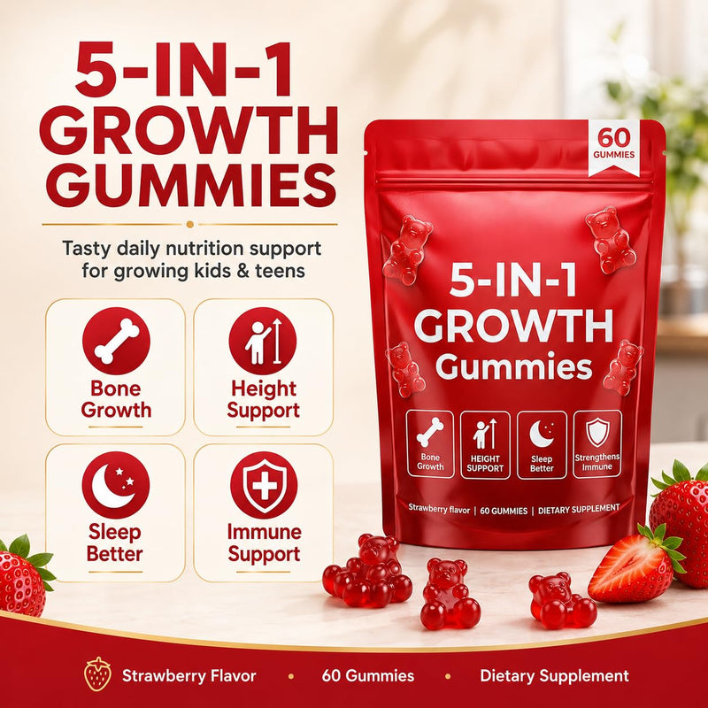 5-in-1 Growth Gummies, Supports Natural Height & Bone Development with Essential Amino Acids & D3, K2, Delicious Strawberry Flavor, 60-Count