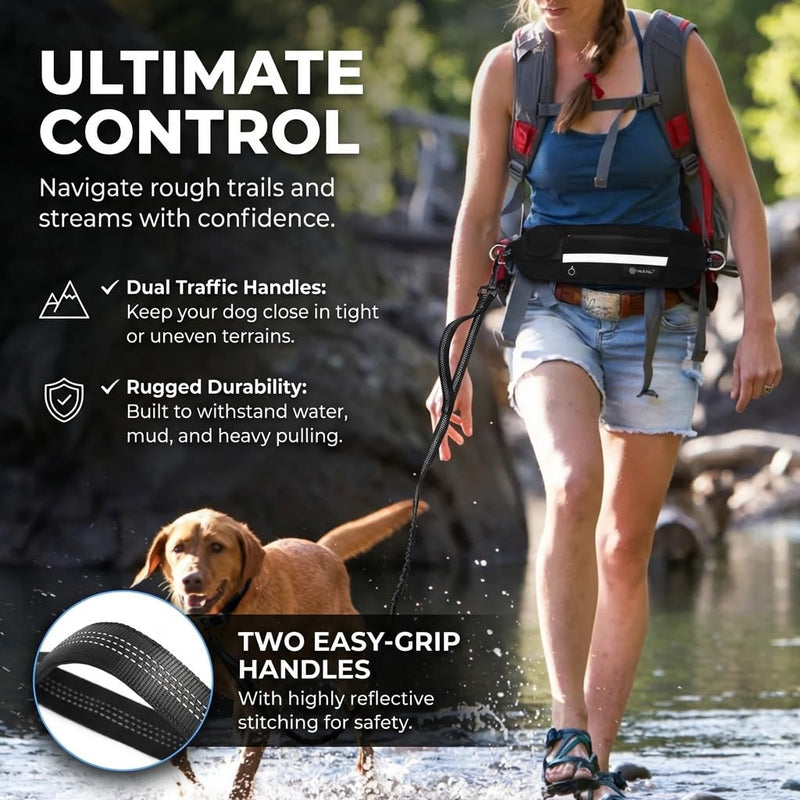 Tails & Tales Hands Free Dog Leash with Lightweight Waist Pouch for Walking Running Hiking, Adjustable Belt 25-45", Dual Padded Handles, Reflective Bungee Design for Small to Large 100lb Dogs (Gray) Gray - BeesActive Australia