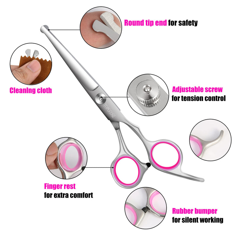 TOPGOOSE Dog Grooming Scissors Set, Safety Round Tip Grooming Tools 6 Piece Kit for Pets Dogs Cats Full Body - Professional Curved Thinning Straight Scissors Comb (Pink) Pink - BeesActive Australia