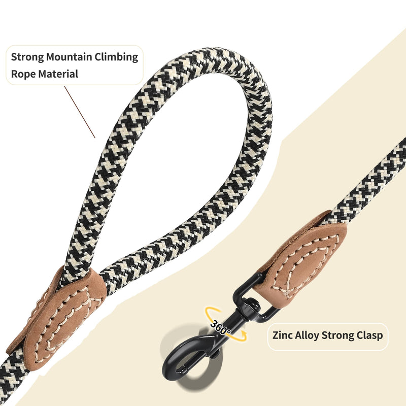 Mile High Life | Mountain Climbing Dog Rope Leash with Heavy Duty Metal Sturdy Clasp | Genuine Leather Tailored Connection with Strong Stitches (Black Khaki, 72 Inch (Pack of 1)) 72 Inch-1/2" Black Khaki - BeesActive Australia