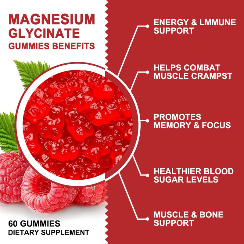 Magnesium Glycinate Gummies 400mg, Mg Potassium Supplement with Chelated Magnesium Malate Complex, Vitamin D, B6, and CoQ10, Supports for Memory, Calm, Mood & Sleep - 60 Count (Pack of 2) Raspberry 60 Count (Pack of 2)
