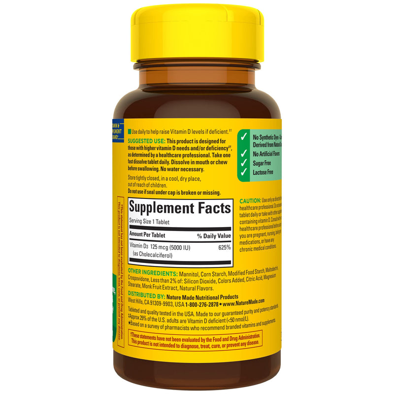 Nature Made Vitamin D3 5000 IU (125 mcg) Extra Strength, Vitamin D Supplement for Immune Support, 70 Sugar Free Fast Dissolve Tablets, 70 Day Supply, (Pack of 2) 70 Count (Pack of 2)