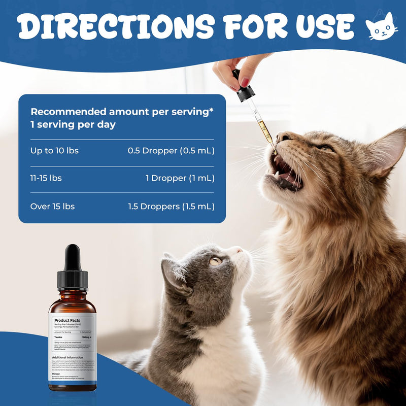 Taurine Liquid Supplement for Cats, Daily Amino Acid Support for Heart Health, Vision & Metabolic Balance, Liquid Drops for Long-Term Feline Nutrition, 60 mL 60 ml (Pack of 1)