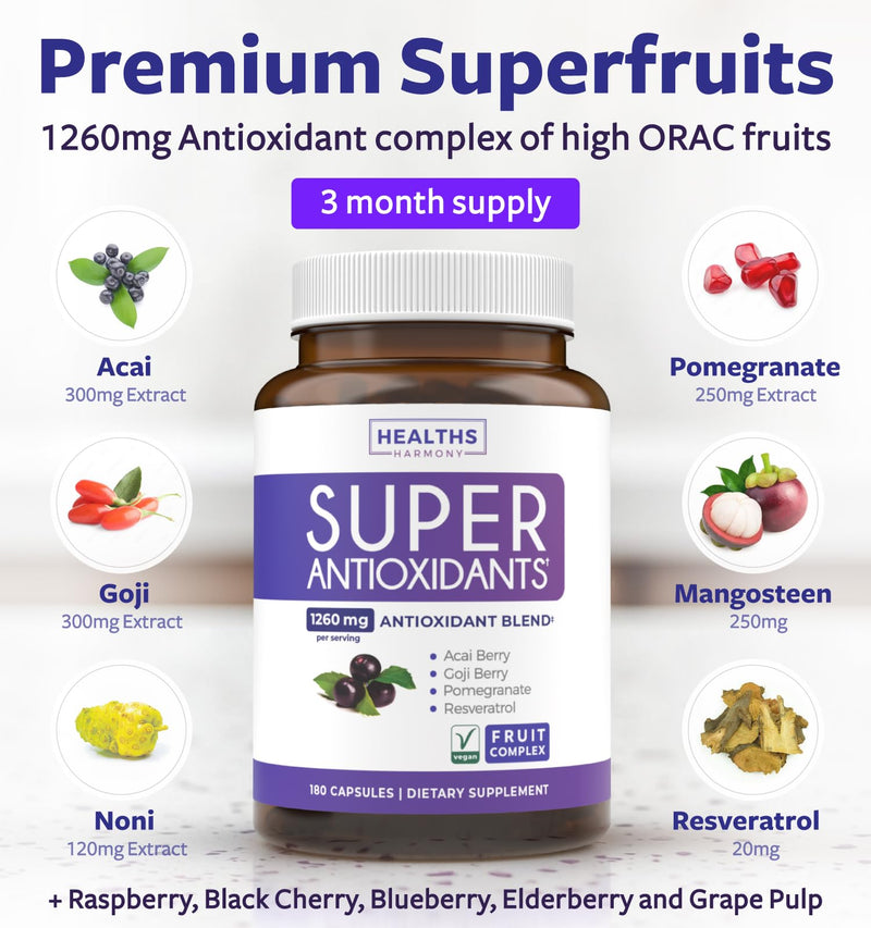 Super Antioxidants Supplement for Women - Vegan & Non-GMO (3 Month Supply) | High Potency Super Foods Powder Supplements with Acai Goji Noni Elderberry & More for Skin Immune & Overall Wellness 180 Count (Pack of 1)