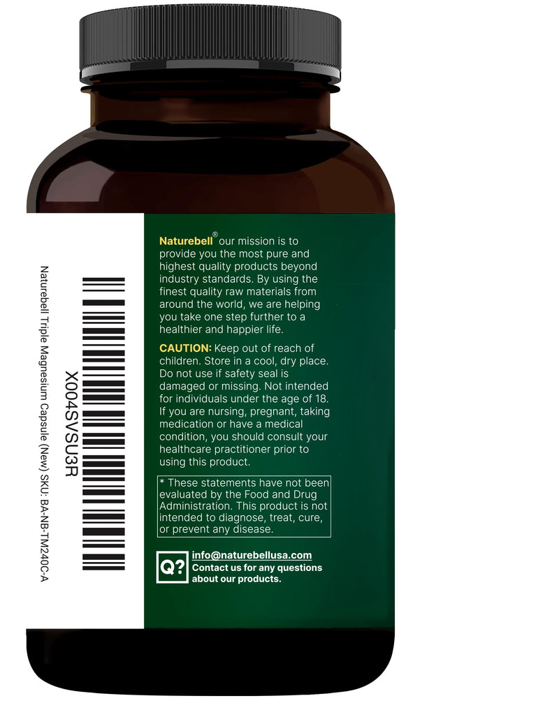 NatureBell Triple Magnesium Complex, Glycinate Citrate Malate, 240 Capsules | 1,000 mg Blend Per Serving. 3-in-1 Chelated Magnesium Supplement with Vitamin C. For Women & Men. Filler Free, Non-GMO. 240 Count (Pack of 1)