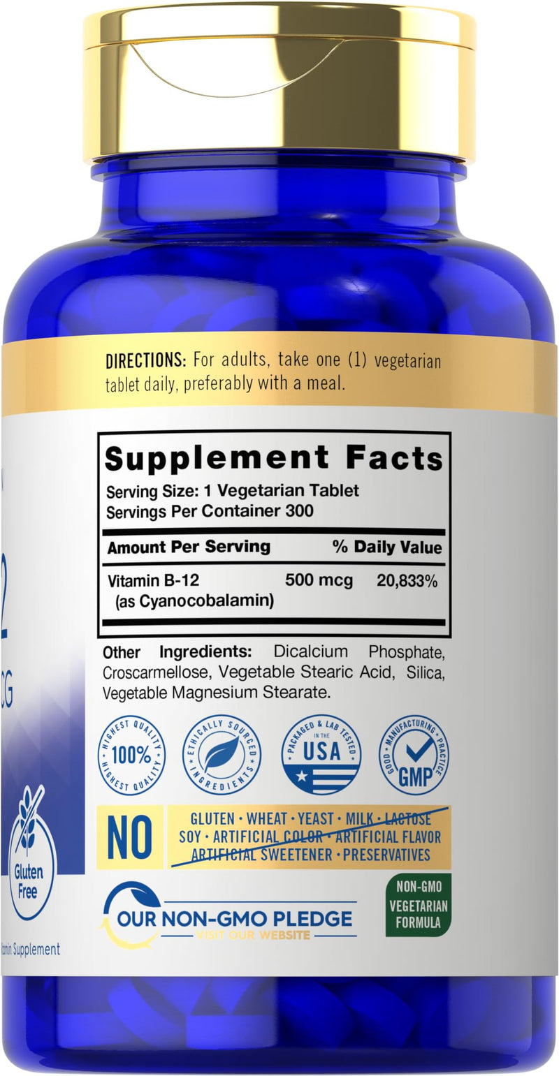 Carlyle Vitamin B-12 500mcg | 300 Tablets | Vegetarian, Non-GMO, Gluten Free Supplement