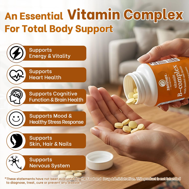Zammex Vitamin B Complex with Inositol and Biotin – Full Spectrum B Vitamins B1 B2 B3 B6 B12 Non-GMO · Vegan-Friendly – 60 Tablets