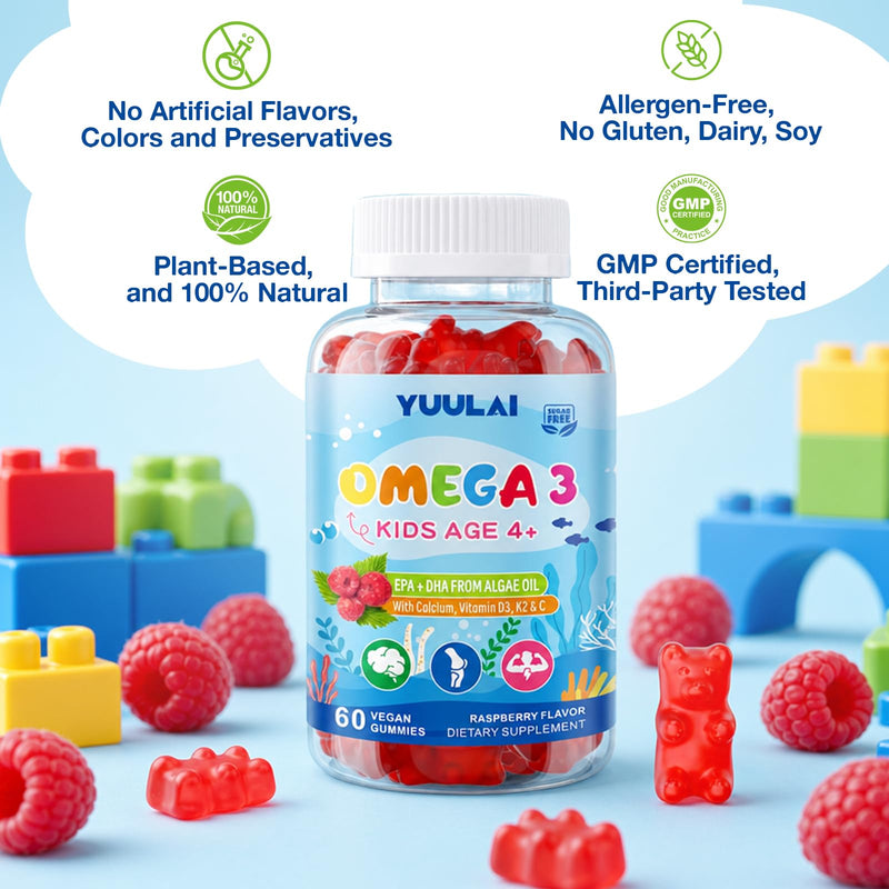 2 Pack Omega 3 Gummies for Kids, Sugar Free Children's Omega 3 Supplement with Calcium + Vitamin D3 K2 + C, Omega-3 DHA & EPA for Brain & Immune Support, Vegan Fish Oil Alternative, 120 Count 120 Count (Pack of 1)