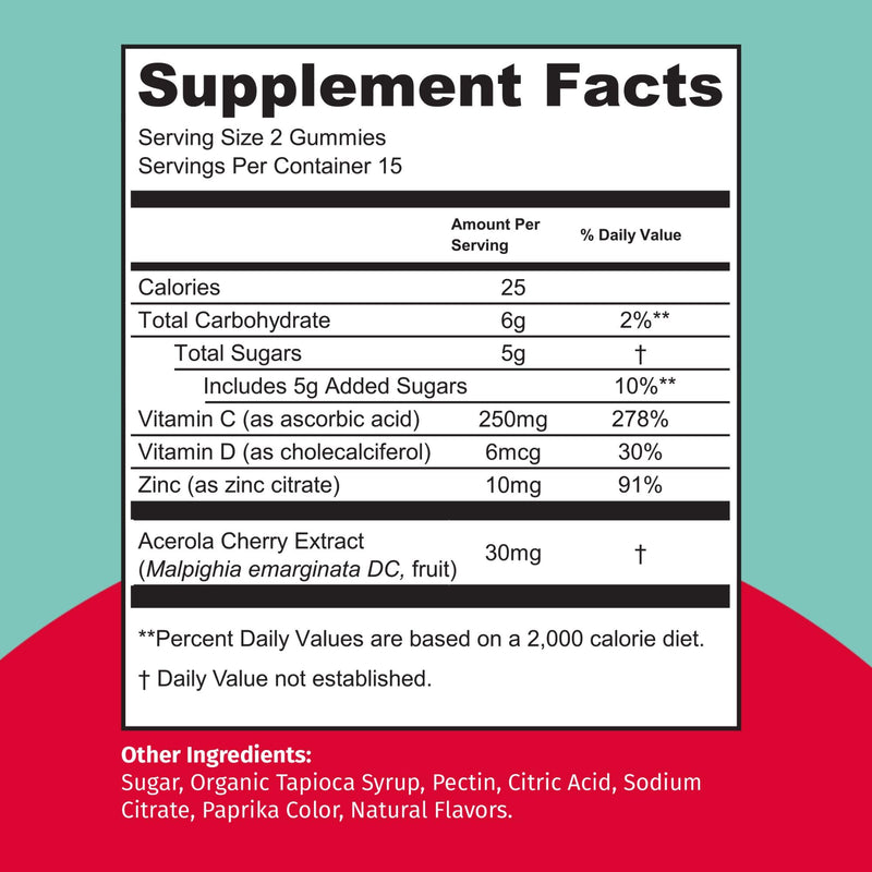 TEJA Immune Support Gummies for Teens with Vitamin D, VIT C, Zinc, and Acerola. Low Sugar Supplement, Daily Immunity Multivitamin for Age 12-17 Teenagers to Adults. 30 Gummies (2 Pack) 30 Count (Pack of 2)