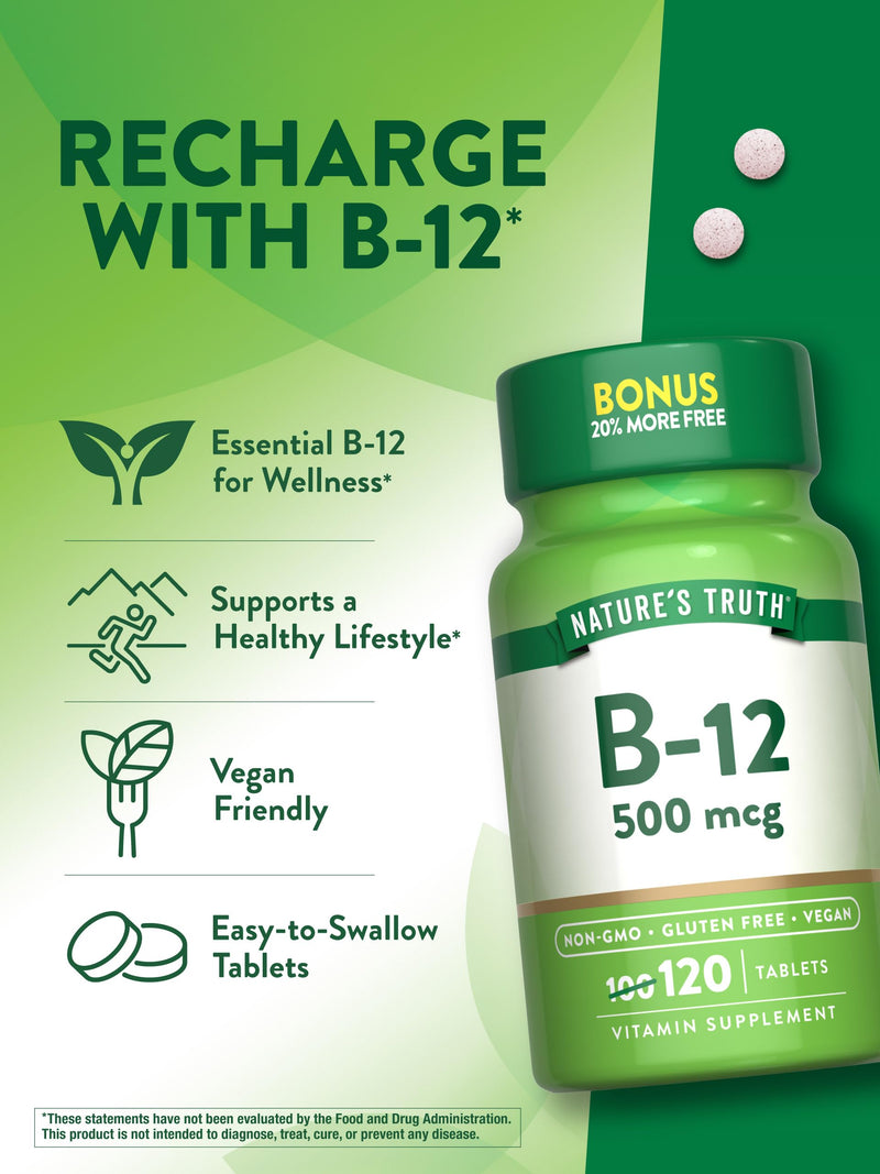 Nature's Truth B12 Vitamin | 500 mcg | 120 Tablets | Vegan, Non-GMO & Gluten Free Supplement 120 Count (Pack of 1)