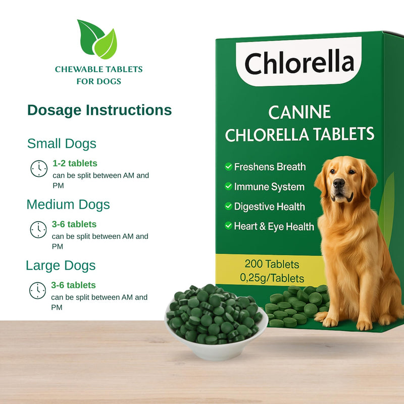 Chlorophyll for Dogs - Chlorella Tablets & Chlorophyll Pills - Natural Breath Freshener & Detox - Human-Grade Vegan Dog Greens with Chlorophyll, 200 Tablets