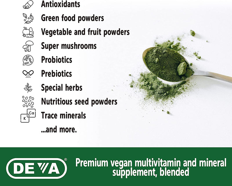 DEVA Tuba Prime Vegan Multivitamin Iron-Free High-Potency Vitamin & Mineral Dietary Supplement Antioxidants, Fruit & Veg Blend, Super Mushrooms, Probiotics, Prebiotics, Seeds, Herbs 90 Tabs 2-Pack (Pack of 2)