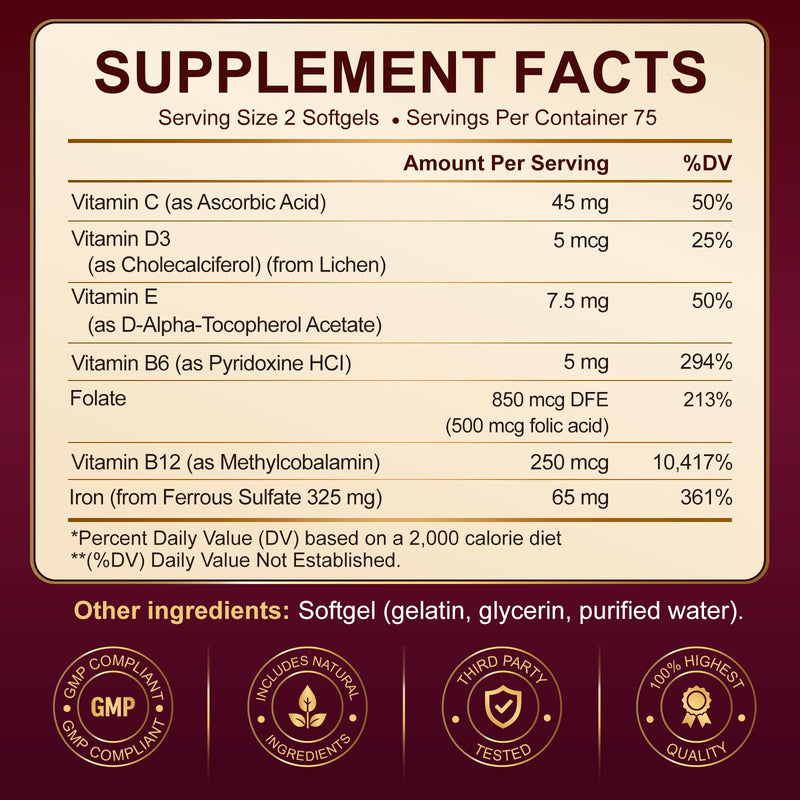 Iron 65mg 8-in-1 Multivitamin with B-Complex, B12 & Folate - 150 Softgels | Multivitamin with iron 65mg + B-Complex, Vitamin C, D3, E & Folate for blood & energy*. 2 daily, 75 day supply 150 Count (Pack of 1)