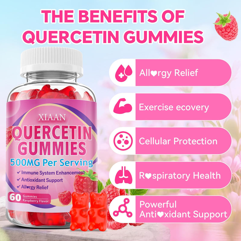 Quercetin Gummies 500mg for Kids & Adults, Organic Quercetin Supplements with Bromelain Zinc Vitamin C and D3 Support Antioxidant & Immune System Health, Raspberry Flavor 120 Count 60 Count (Pack of 2)