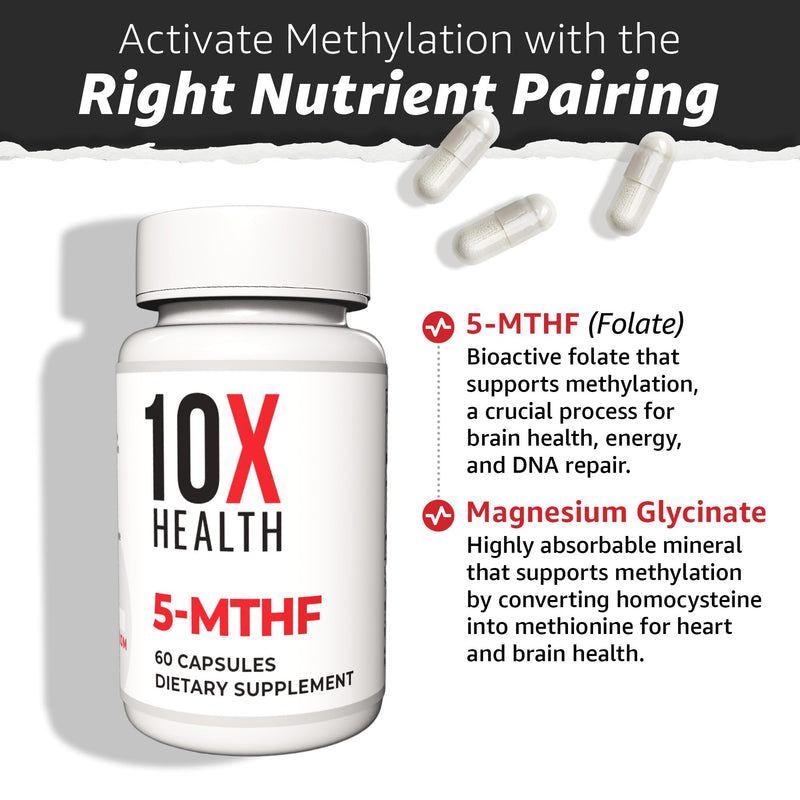 10X Health 5 Mthf - 60 Capsules | L Methylfolate: Methylated Folate & Magnesium, Brain & DNA Support, Bioavailable