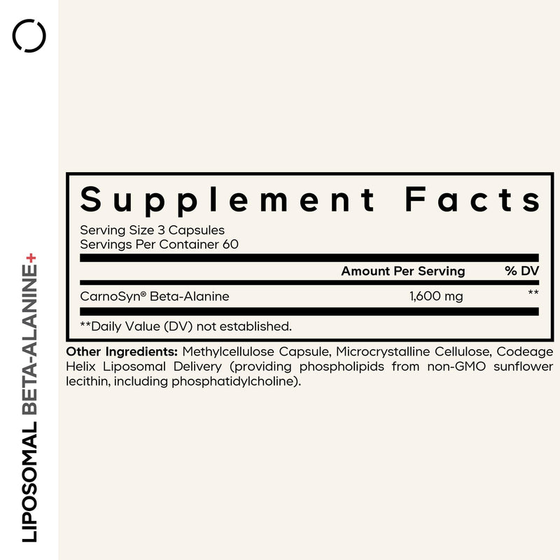 Codeage Liposomal Beta-Alanine, CarnoSyn, Pre & Post Workout, 180 Capsules | CarnoSyn beta-alanine with liposomal delivery from sunflower phospholipids. Two-month supply. Non-GMO.