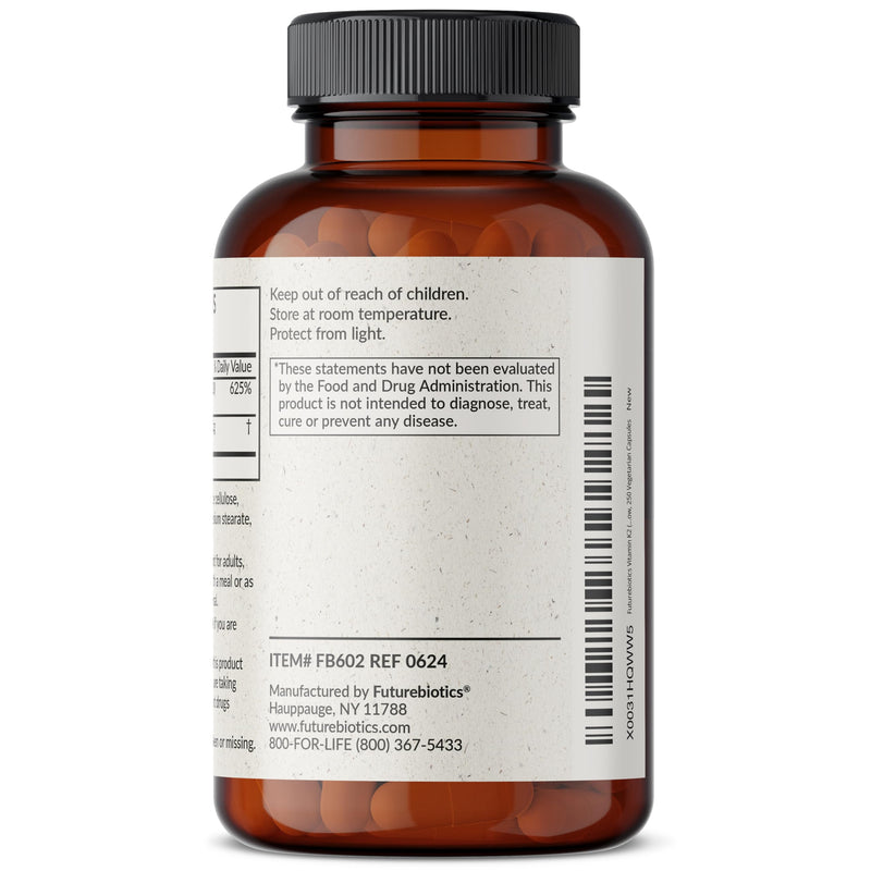 Futurebiotics Vitamin K2 MK-7 90 mcg + D3 5000 IU, 250 Vegetarian Capsules | 2-in-1 Bone, Immune & Heart Health Support, Helps Transport Calcium to Bones, Non-GMO, Gluten-Free & Soy-Free 250 Count (Pack of 1)