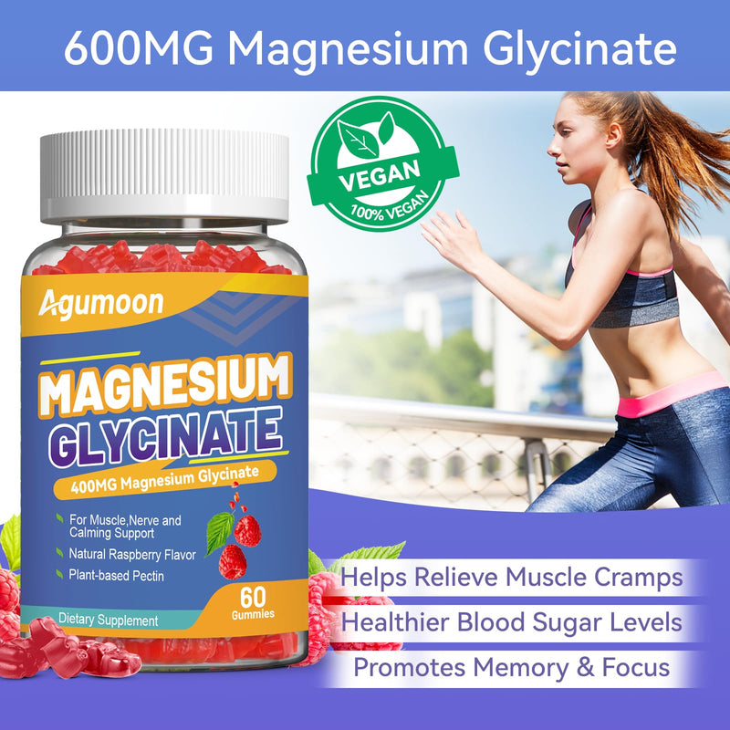 Magnesium Glycinate Gummies 400mg with L-Threonate 200mg, 60 Count | Calcium, Potassium, Vitamins D & B6, CoQ10 - High Absorption for Stress Relief & Muscle Relaxation,Non-GMO, Raspberry Flavor 60 Count (Pack of 1)