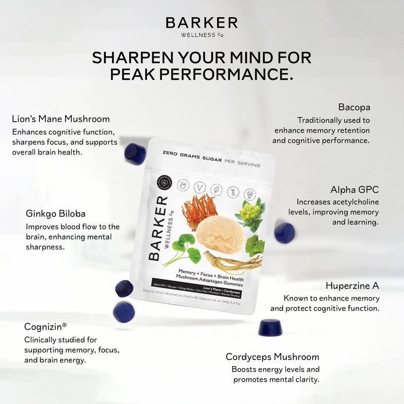 Barker Wellness Mushroom Gummies for Memory & Focus – Lion's Mane, 60ct Memory Focus Gummies